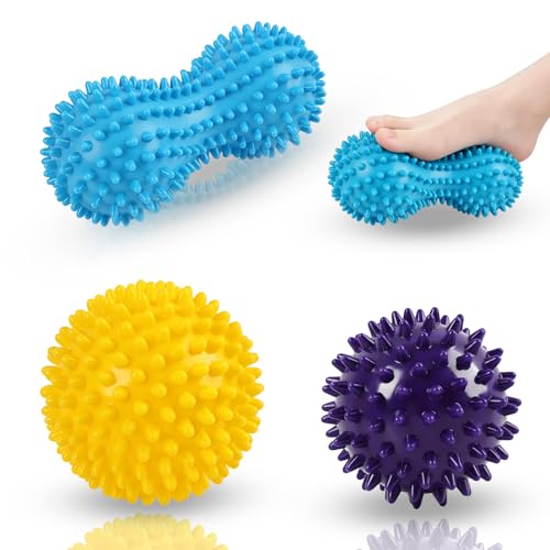 3PCS Bolas de Masaje Multifuncionales con Pinchos para Rehabilitación Muscular, Alivio de Fascitis Plantar y Masoterapia en Manos, Pies, Hombros y Cervicales, Material Ecológico