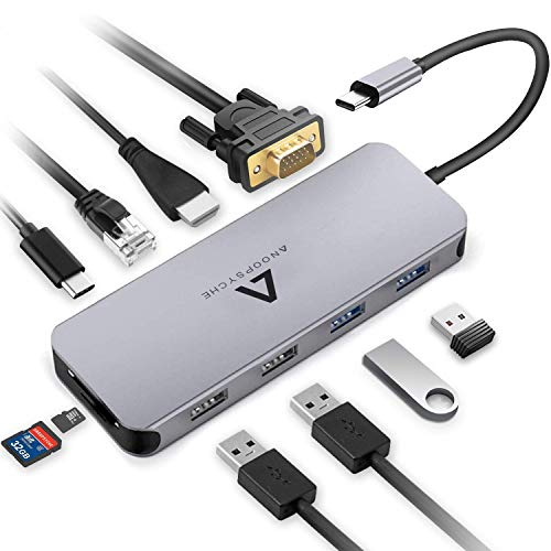 Anoopsyche USB C Hub 10 in 1 USB C Adapter, 4K HDMI, VGA, Type C 100W, 4 USB 3.0/2.0, Gigablit Ethernet RJ45, SD/TF Aluminium Typ C Hub Kartenleser für MacBook Pro, Chromebook und Mehr Type-C Geräte