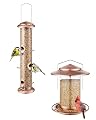 iBorn Metal Bird Feeders, 14 Inch 6 Port, Brushed Copper+ Metal Wild Bird Feeders for Cardinal, 18cm Large Roof, 6 Port, Brushed Copper