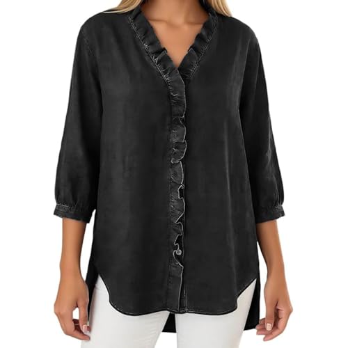 Women's 3/4 Sleeve Button V-Neck Ruffled Denim Look Shirt,High Low Hem Denim Tops, Casual Lightweight Loose Top (2XL,Black) [���s�A