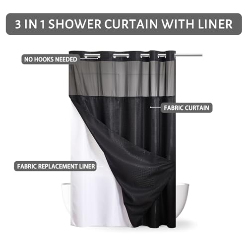 Image of Furlinic Extra Long No Hook Waffle Weave Shower Curtain with Snap in Fabric Liner Set,Heavy Duty Bathroom Curtains with See Through Window,Machine Washable & Waterproof,Black,71x84 Inch