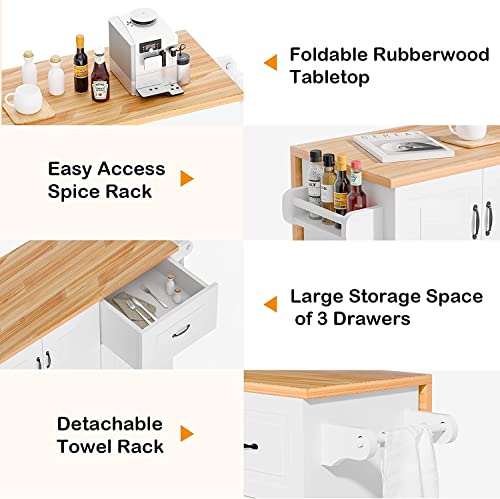 4Ever2Buy Kitchen Island With Storage Drop-Leaf, Rolling Kitchen Island On Wheels, Kitchen Island With 2 Doors & 3 Drawers, Mobile Kitchen Storage Islands With Spice Rack Dining Room, White #TOP2