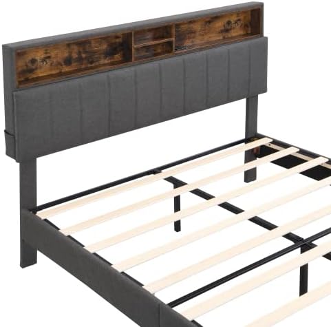 Miniatura 6 de Base de cama Queen con puertos USB y tomacorrientes, cama de plataforma tapizada con cabecera de almacenamiento, tamaño Queen con cabecera de