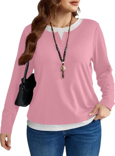 Image of Eytino Women Plus Size Fall Tops Patchwork Shirts(1X-5X) | Casual Crewneck Long Sleeve,Fashion Color Block Basic Tees,Loose Fit Blouse