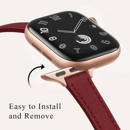 Image of STIROLL Slim Leather Bands Compatible with Apple Watch Band 38mm 40mm 41mm 42mm 44mm 45mm 49mm,Top Grain Leather Watch Thin Wristband for iWatch Ultra SE Series 8 /7 /6 /5 /4 /3 /2(Wine Red with Rose Gold)