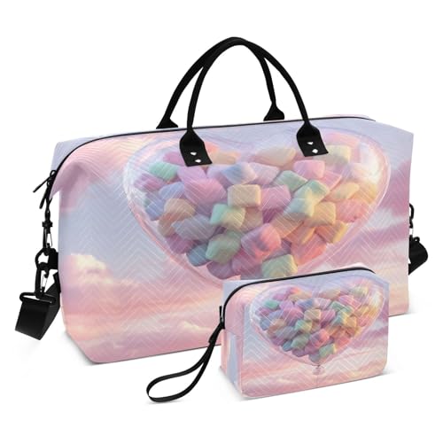 Burbuja Travel Duffel Bag for Women, Valentine Heart Balloon Weekender Overnight Bag Shoulder Carry On Tote Bag with Trolley Sleeve, Gym Bag with Toiletry Bag, Large Size