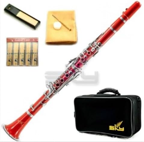 SKY Red ABS Student Bb Clarinet with Case, Mouthpiece, 11 Reeds, Care kit and more