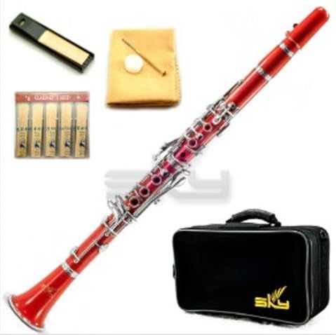 SKY Red ABS Student Bb Clarinet with Case, Mouthpiece, 11 Reeds, Care kit and more