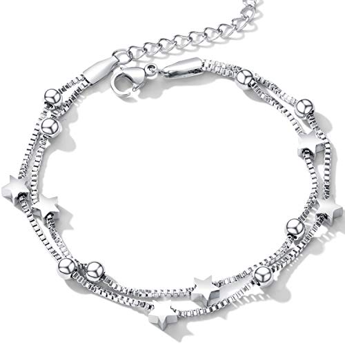 Cupimatch Pulsera para mujer con corazones, pulsera para el tobillo, cadena doble, pulsera para mujeres y niñas, pulsera de plata, oro rosa.., 17 centimeters, Acero inoxidable