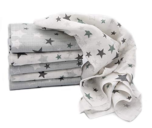 Clevere Kids Lot de 6 langes en mousseline Motif étoiles Gris clair 70 x 80 cm Cover