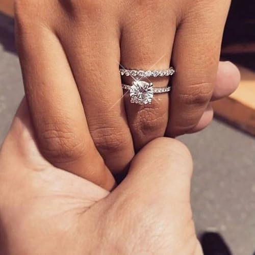 2Pcs White Gold Plated White Cubic Zirconia Engagement Rings Wedding Bridal Band Promise Rings Evening Parties Anniversary Valentine's Day Gifts Eternity Bands for Women3