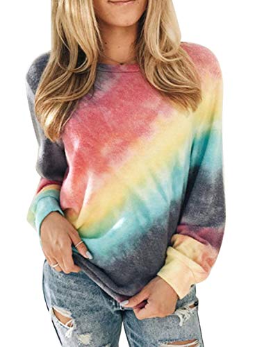 Farysays Women's Tie Dye Round Neck Long Sleeve Casual Loose Pullover Sweatshirt Tops Red Small #TOP28