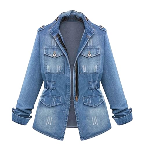 Genérico Chaqueta Vaquera Informal Para Mujer Chaqueta Vaquera Con Cremallera Y Cintura EláStica Ropa De Abrigo De Moda OtoñO Invierno (M,Azul)