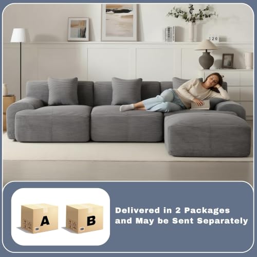 Image of 107 inch Cloud Modular Sectional Couch,Boneless Sofa with Ottman,L-Shape Upholstered Sofas with Deep Seat,Modern Cozy Corduroy Couches with Memory Foam,No Assembly Required (Dark Grey)