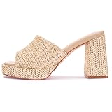 Monrovia Raffia Platform Heels for Women – Chunky Block Open Toe Woven Slides, Natural Straw Summer Dressy Vacation Sandals, Comfortable Heeled Slip On Mules, Brown Size 7
