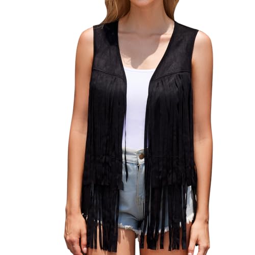 Women Western Black Fringe Vest Brown Cowgirl Sleeveless Faux Suede Tassel Vest 70s