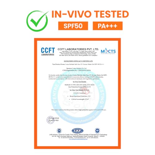 Image of Lotus Herbals Safe Sun UV Screen Matte Gel Sunscreen SPF 50 PA+++ | In Vivo Tested | Broad Spectrum UV Protection | Matte Finish | No White Cast | Normal to Oily Skin | For Women and Men | Paraben & Cruelty Free | 100g (Pack of 2)