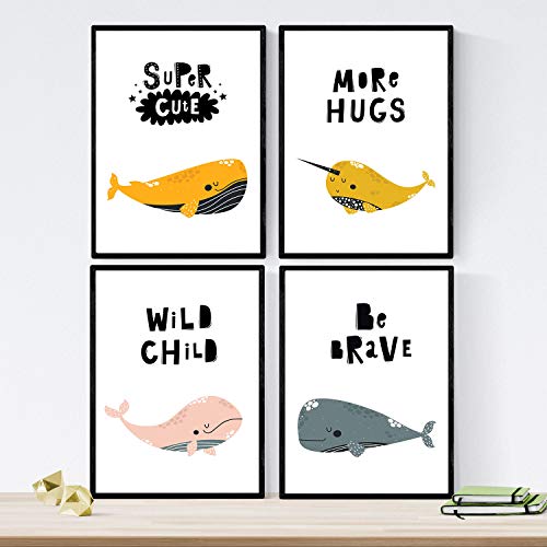Nacnic Pack of four posters with pictures of whales. Leaves with children. Pictures of whales. Whales hug beautiful and bold words wild. A4 - Image 2