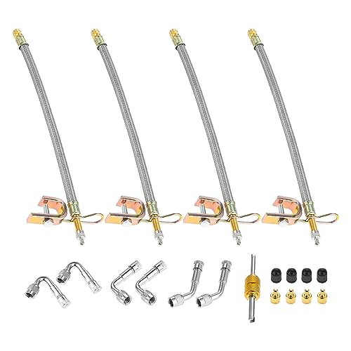 Image of Valve Stem Extenders, 4 Pcs 12 Inch Dual Flexible Stainless Steel Braided Stem Extensions, 6 Pcs 45 90 135 Degree Brass Valve Adaptors for Car Truck Motorhome Trailer RV Trailer Vehicle