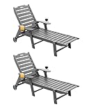 Carauci Lounge Chair Outdoor Set of 2, HDPE Chaise Lounge with Wheels, 5-Position Adjustable Backrest & 2 Cup Holders Patio Lounge Chair, All-Weather Pool Sun Lounger for Poolside, Backyard, Grey