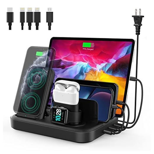 seenda Wireless Charging Station for Multiple Devices - 6 in 1 USB Charging Dock Built-in AC Adapter with 10W Max Wireless Charger Stand and 5 USB Ports for iPhone, iPad, Android, Apple Watch, AirPods