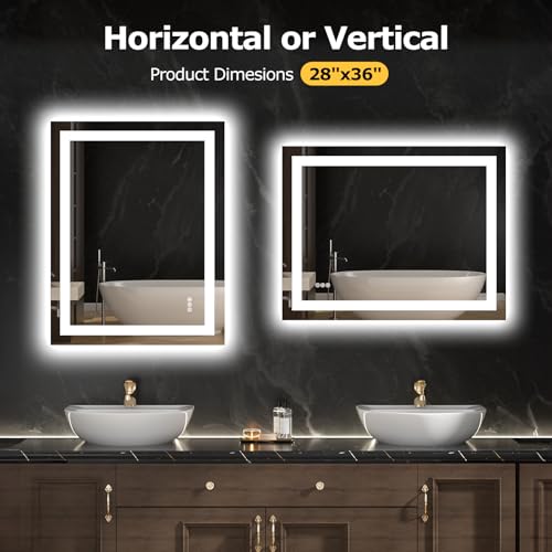 Image of Hivone 36X28 LED Bathroom Mirror with Lights, Anti-Fog, Dimmable, Backlit + Front Lit, Smart Bathroom Vanity Mirror, Memory Function, Shatterproof, Tempered Glass (Horizontal /Vertical)