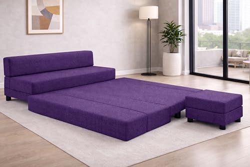 Image of Rosebell 3+2 Convertible Leg Sofa Cum Bed Set with Ottoman Foldable Modular Seating & Sleeper ? Space Saving Living Room Furniture Jute Fabric-Purple