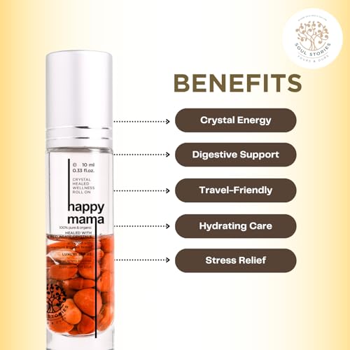 Image of Soul Stories Happy Mama Roll-On - 10ml | Comforting Essential Oil Blend for Travel Stress, Uneasiness & Everyday Discomfort | Helps Relax Body & Mind So You Can Enjoy the Journey | Spearmint, Ginger, Lavender, Jojoba & Fennel Oils | With Red Agate Crystal