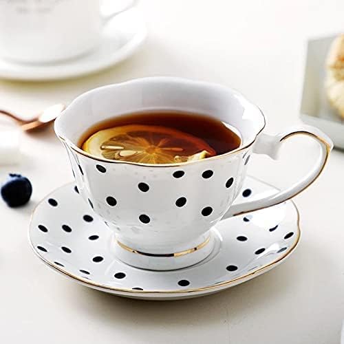 Miniatura 4 de Juego de taza de café y platillo con borde dorado de 6.8 fl oz, diseño de rayas, color blanco y negro, diseño de rayas, color blanco y negro (2