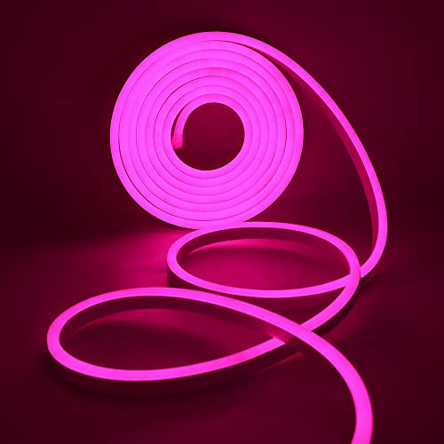 KISUFU 29.5ft/9m Neon LED Strip Light AC110V 2835 LED Neon Rope Light, IP65 Waterproof Dimmable Flexible Silicone Light Strip, 8x16mm LED Neon Light Strip forIndoors, Outdoors Decor(Pink)