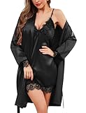 ESKTJH Sleepwear Women's Satin Nightgown with Robes Set 2 Piece Sexy Lace Cami Nightwear Black