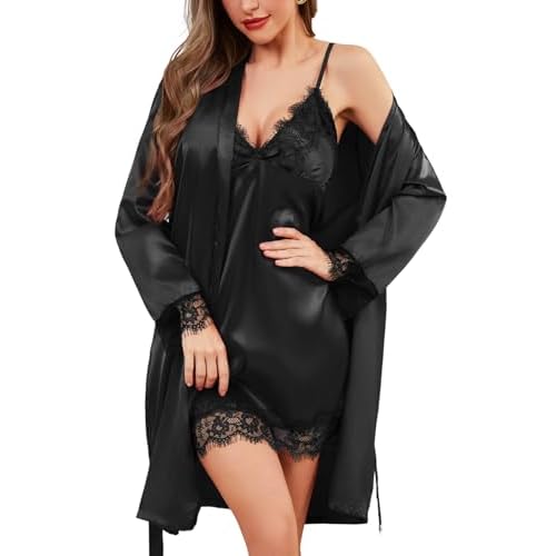 Womens Silk Lingerie Robe Nightgown 2 Piece Pajamas Set Sexy Lace V Neck Cami Satin Sleepwear