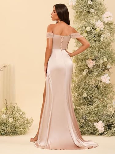 Dessiny Women's Off Shoulder Mermaid Bridesmaid Dresses 2025 with Slit Long Ruched Satin Prom Dresses DE2012