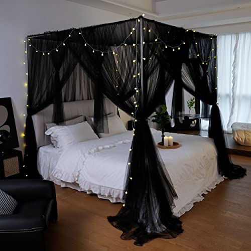 Vpory Canopy Bed Curtains - 4 Corners Post Bed Canopy Curtains for Girls & Adults, Bed Princess Bed Canopy Mosquito Net Bedroom Decoration Accessories - Black, Full Size/Queen Size