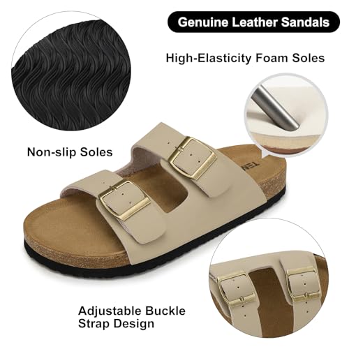 Image of TEMOFON Women's Cork Footbed Sandals: Genuine Leather Comfortable Arch Support Flat - Slip-On Summer Slide Sandals with Adjustable Buckle Beige Size 6.5
