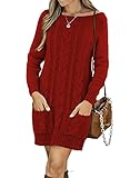 AZOKOE Womens Off Shoulder Cable Knit Long Sleeve Solid Color Winter Bodycon Mini Sweater Dress Red XL