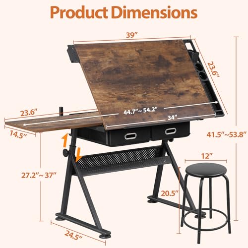 SUPER DEAL Drafting Table Set with Charging Station, Height Adjustable Tilting Drawing Desk Artist Desk with Stool Multifunctional Art Craft Workstation with 2 Storage Drawers for Home Office School - Image 4
