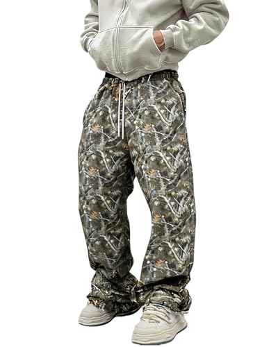 SolegaLume Camo Pants Men Wide Leg Baggy Sweatpants Elastic Waist Drawstring Camoflage Joggers