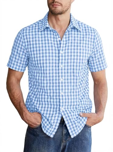 Image of Halfword Mens Gingham Shirt Short Sleeve Checked Botton Down Tops Cotton Poplin Breathable Summer Holidays Smart Casual Fit Blue L