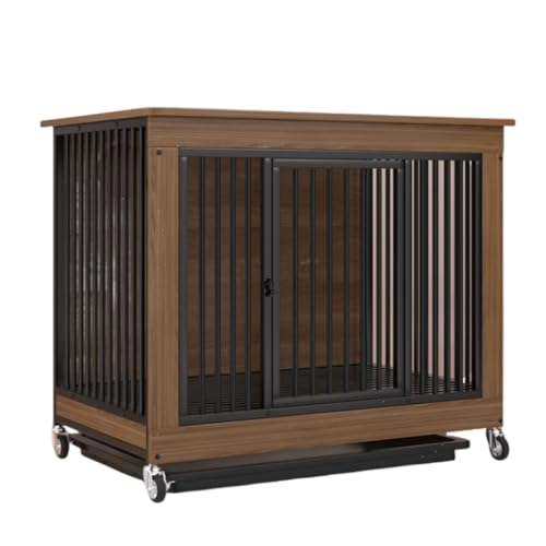 JoFist 小型犬用ケージ サイドテーブル、ペット用家具、組み立て簡単、軽量、省スペース、キャスター付き、金属フレーム、寝室/リビングルームに最適、小型犬と中型犬に適しています (ライトブラウン)