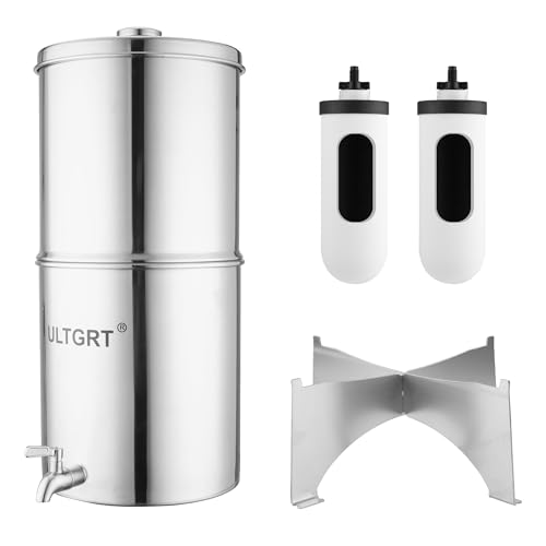 2.25G Gravity Water Filtration System Countertop Water Filter 304 Stainless Steel Gravity-Fed Water Purifier with 2 Composite Ceramic Filters & Stand SQ-GTK-CCB