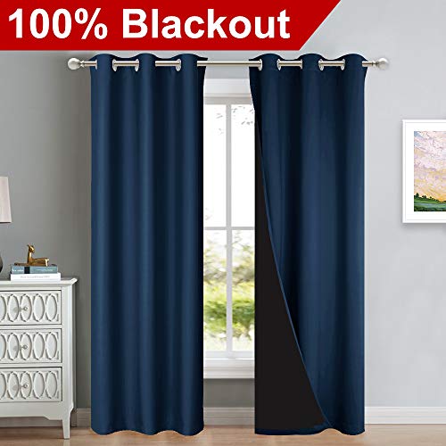 Image of NICETOWN Complete 100% Blackout Curtain Set, Thermal Insulated & Energy Efficiency Window Draperies for Guest Room, Full Shading Panels for Shift Worker and Light Sleepers, Navy Blue, 42W x 84L, 2 Pcs