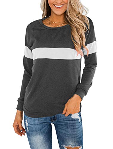 Minthunter Women's Long Sleeve T Shirt Causal Round Neck Pullover Color Block Tunic Tops Charcoal