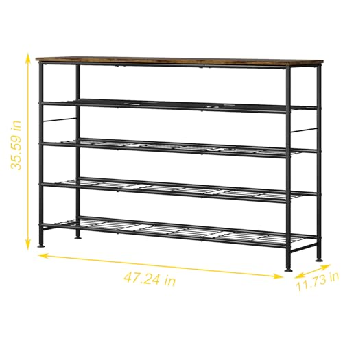 Image of SUOERNUO Shoe Rack 5 Tier Shoe Storage Organizer Metal Mesh Shelves with MDF Top Board for Entryway, Hallway, Closet,Bedroom,Living Room (Black+Rustic Brown, Large 5 Tier)