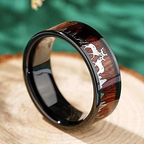 THREE KEYS JEWELRY Men Wedding Bands 8mm Tungsten Hunting Gold/Silver Viking Deer Forest Carbide Wood Ring with With Sandalwood Inlay Polished Infinity Unique for Him Black/Custom Ring Personalized Ring3