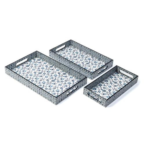Image of DULI Set of 3 Wooden Serving Trays Premium MDF with Lacquered Water-Resistant Enamel Floral Print Decorative Multipurpose Trays for Kitchen, Dining & Gifting (16x10x2,14x8x2, 12x6x2 Inches)