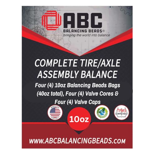 ABC Balancing Beads | Complete Tire, Wheel and Axle Assembly Balance for Full Size Pick Up Trucks, Off-Road Vehicles and SUVs | DIY Kit with 4-10oz Bags (40oz) Balancing Beads, 4 Valve Cores, 4 Caps