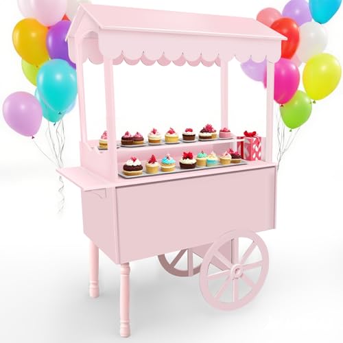 Candy Cart Display Stand for Party, Dessert Cake Cart Stand with Wheels, Vintage Dessert Display Stand Decoration Cart with 100 Balloons, String Light for Party, Birthday, Wedding (PINK, 72''H)