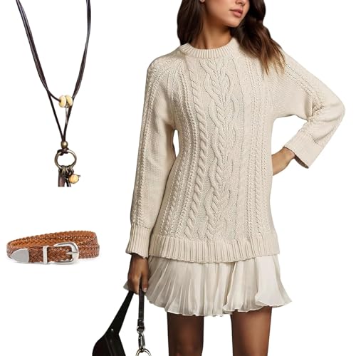 20205 New Women Crewneck Cable Knit Sweater Mini Dress Long Sleeve Pleated Twofer Style Patchwork Dress Fall Winter