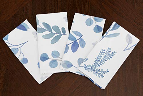 A Luxehome Blue Gray And White Floral Leaf Botanical Rainforest Watercolor Flower Woodland Tropical Lunch Dinner Napkin Topper Dining Room Spring Kitchen 17" X 17" #TOP19